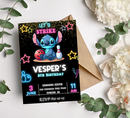 Stitch Neon Bowling Invitation – Editable Canva Template-Glow-in-the-Dark Stitch Birthday – Electric Blue & Neon Pink Strike Invite