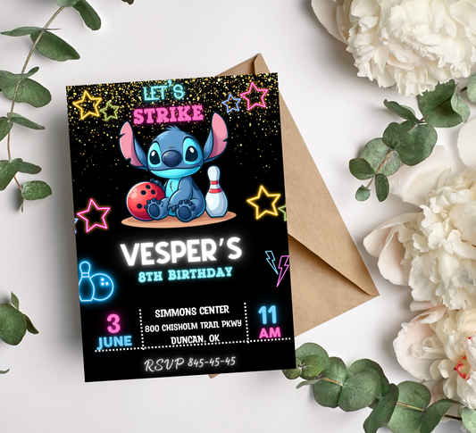 Stitch Neon Bowling Invitation – Editable Canva Template-Glow-in-the-Dark Stitch Birthday – Electric Blue & Neon Pink Strike Invite
