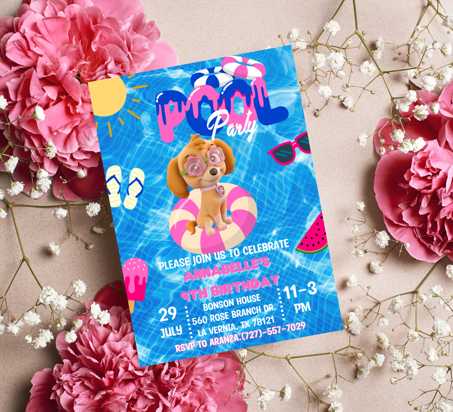 PAW Patrol Skye Pool Birthday Invitation | Pink Summer Splash Party | Editable Digital Template