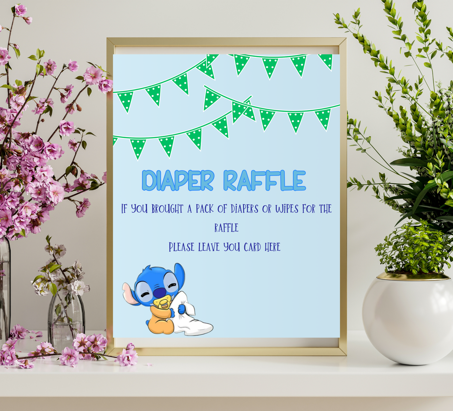 Stitch & Angel Baby Shower Games Bundle | Diaper Raffle Sign & Cards | Editable Canva Template