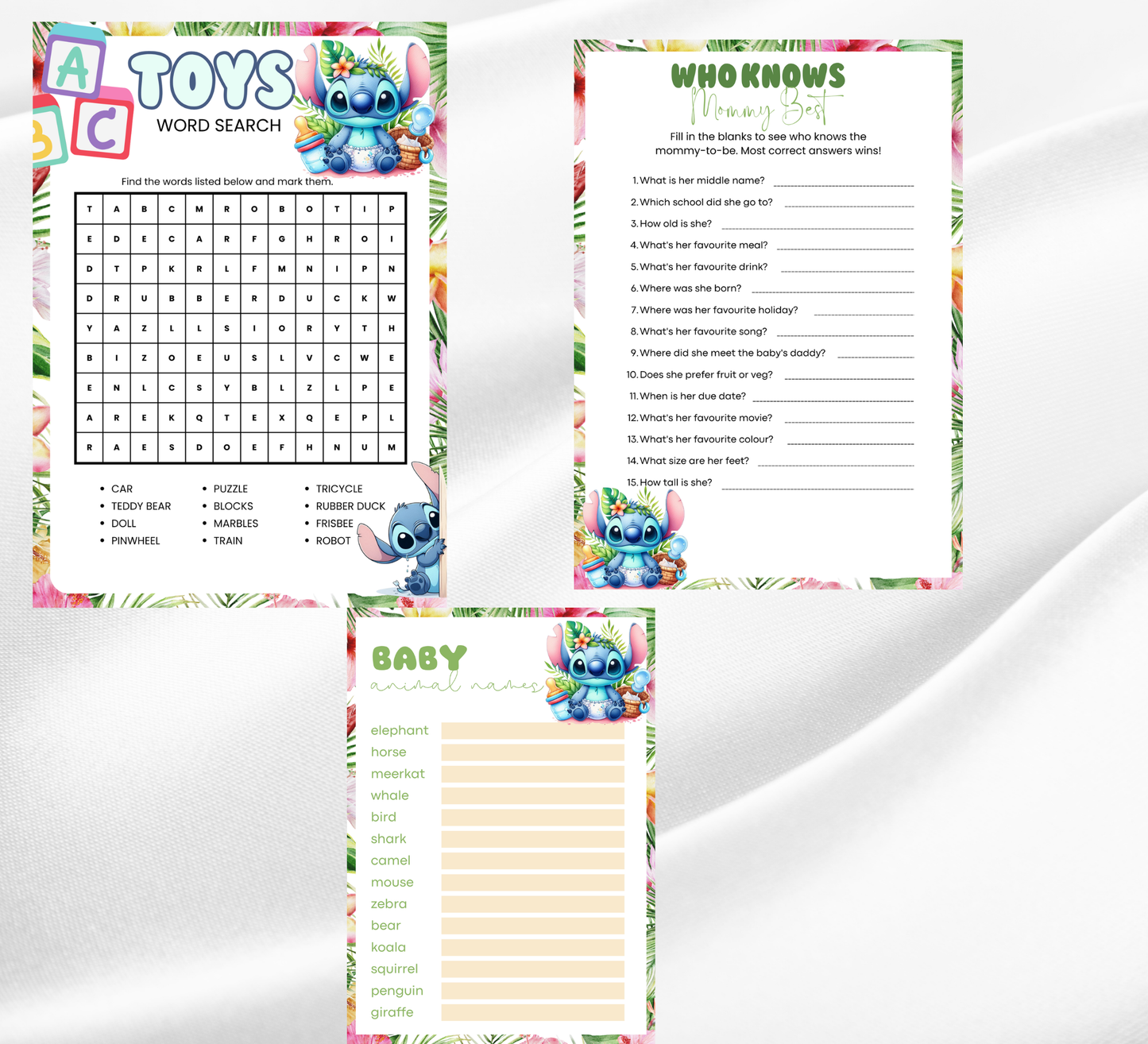 Stitch Baby Shower Tropical Ohana Games Bundle | Printable Hawaii Party Games| Editable Canva Template | Ohana Means Family Baby Shower Activities | Tropical Puppy & Angel Game Set