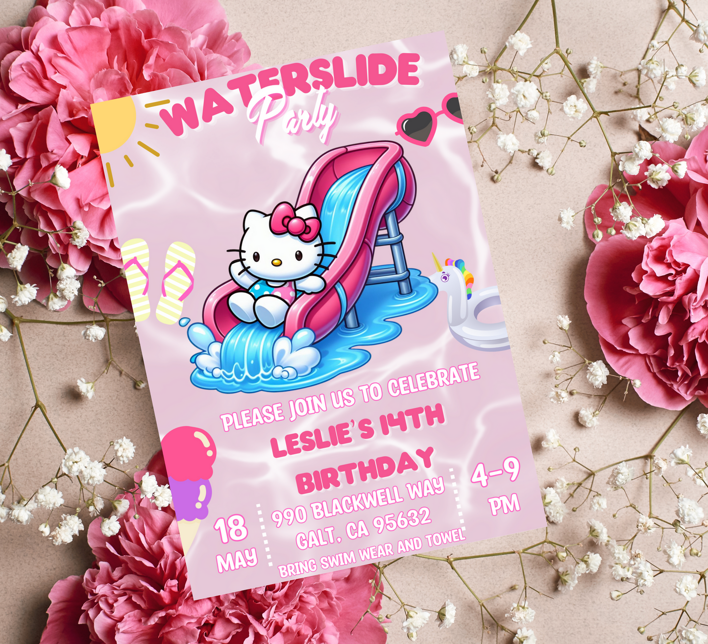 Hello Kitty Waterslide Pink Birthday Invitation 🎀💦 | Kawaii Pool Party | Editable Canva Template