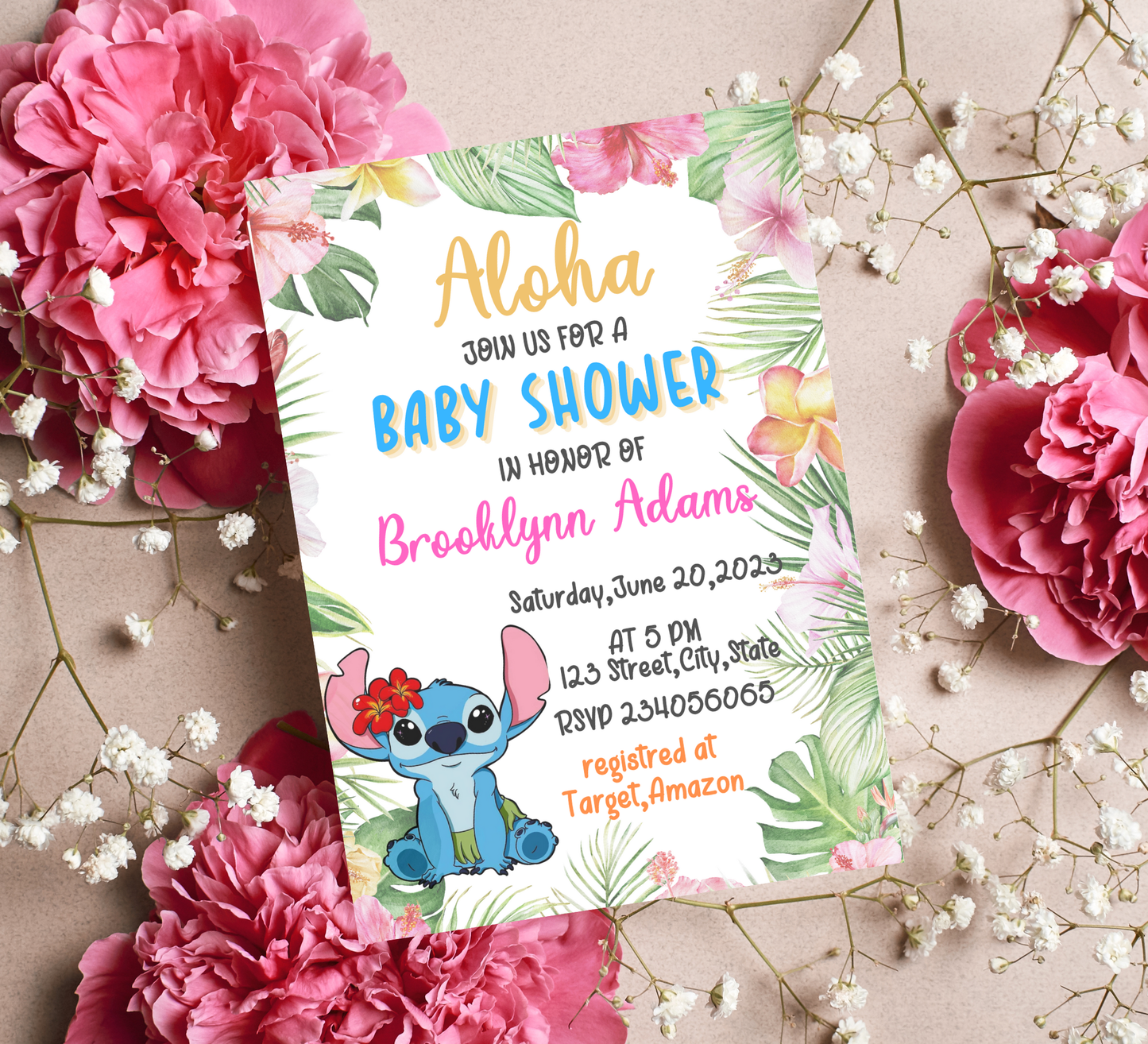 Stitch Baby Shower Aloha Hawaii Invitation | Tropical Girl or Boy Baby Shower | Editable Template