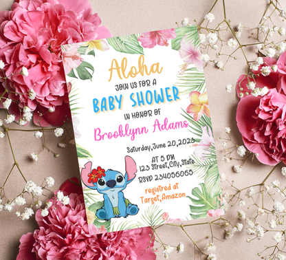 Stitch Baby Shower Aloha Hawaii Invitation | Tropical Girl or Boy Baby Shower | Editable Template