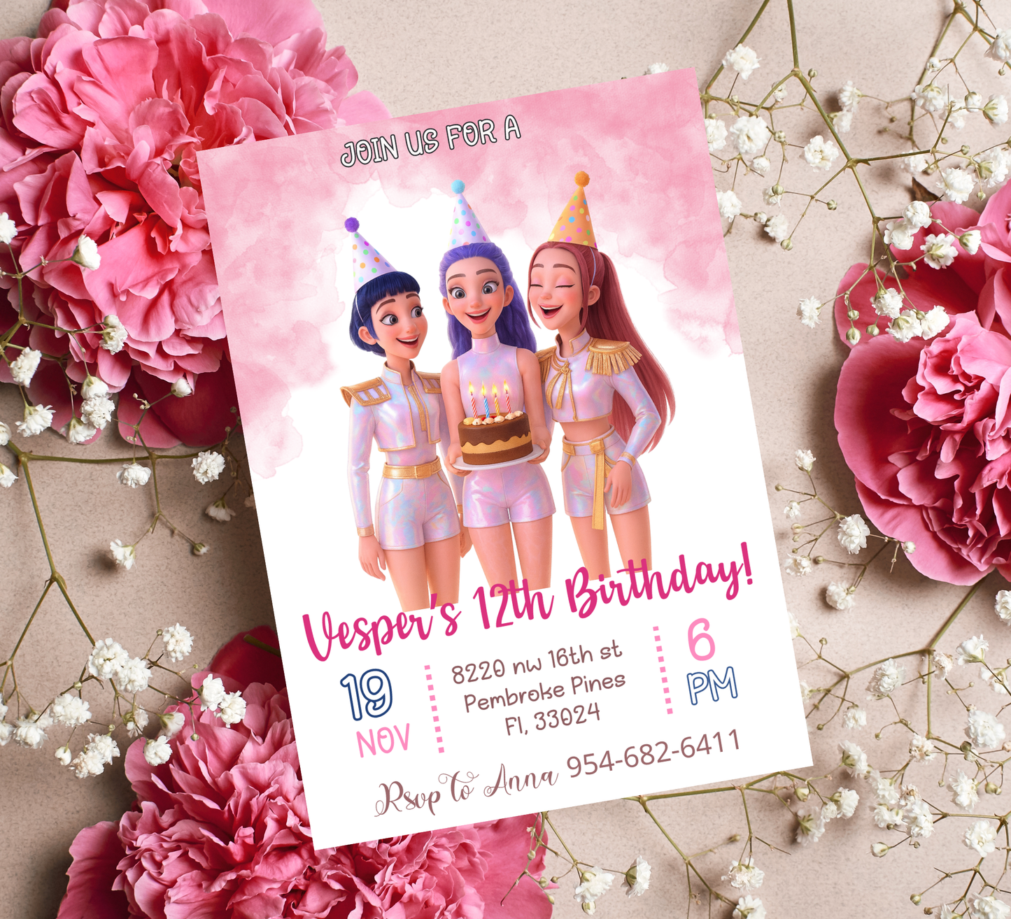 K-Pop Demon Hunters Birthday Invitation | Rumi Mira Zoye Anime Invite | Editable Canva Template | Kawaii Cyber Pop Party