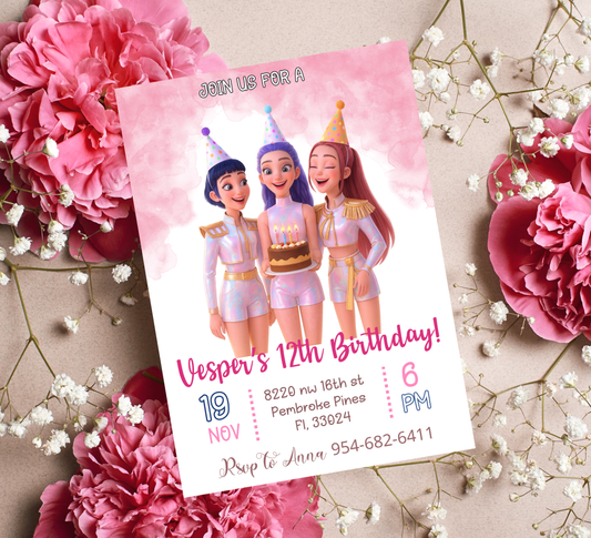 K-Pop Demon Hunters Birthday Invitation | Rumi Mira Zoye Anime Invite | Editable Canva Template | Kawaii Cyber Pop Party