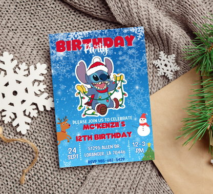 Stitch Christmas Birthday Winter Invitation | Holiday Party Invite | Editable Template