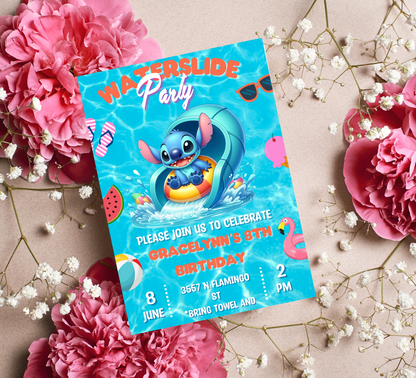 Stitch Waterslide Pool Birthday Invitation | Editable Canva Template | Tropical Swim Party Invite | Printable Summer Birthday Invitation