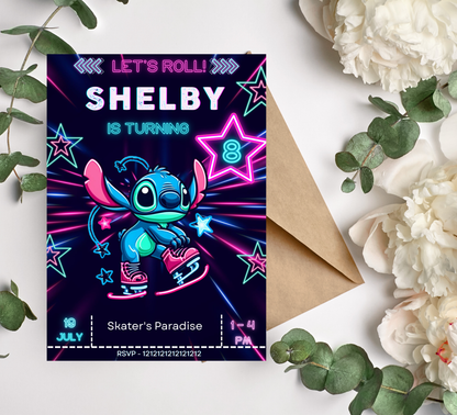 Stitch Ice Skating Winter Neon Birthday Invitation | Editable Canva Template | Glow Party Kids Birthday Invite | Printable Winter Birthday Invitation
