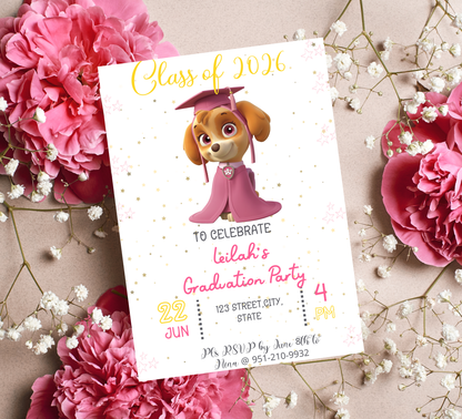 Skye Paw Patrol Graduation Invitation | Kindergarten & Preschool Invite | Pink Skye Graduation Party | Editable Canva Template