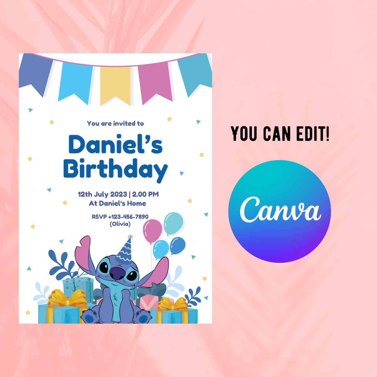 Stitch Blue Birthday Invitation 💙🎉 | Cute Kids Party Invite | Editable Digital Template