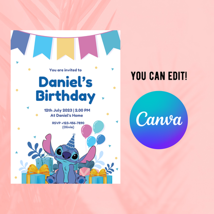 Stitch Blue Birthday Invitation 💙🎉 | Cute Kids Party Invite | Editable Digital Template