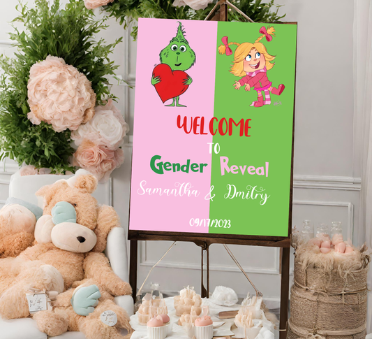 Grinch & Cindy-Lou Gender Reveal Invitation | Pink & Green Holiday Theme | Editable Canva TemplateGrinch & Cindy-Lou Gender Reveal Invitation | Pink & Green Holiday Theme | Editable Canva Template