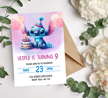Stitch Watercolor Purple Birthday Invitation | Cute Kawaii Party Invite | Editable Canva Template