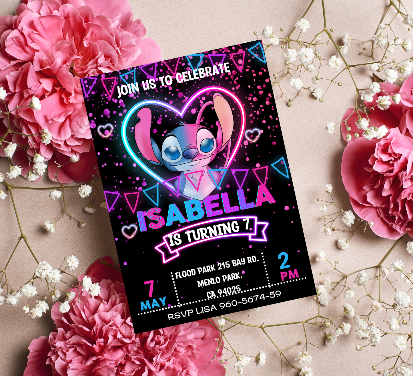Stitch and Angel Neon Glow Birthday Invitation | Editable Canva Template | Kawaii Glow Party Invite | Cute Neon Birthday