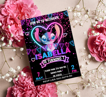 Stitch and Angel Neon Glow Birthday Invitation | Editable Canva Template | Kawaii Glow Party Invite | Cute Neon Birthday
