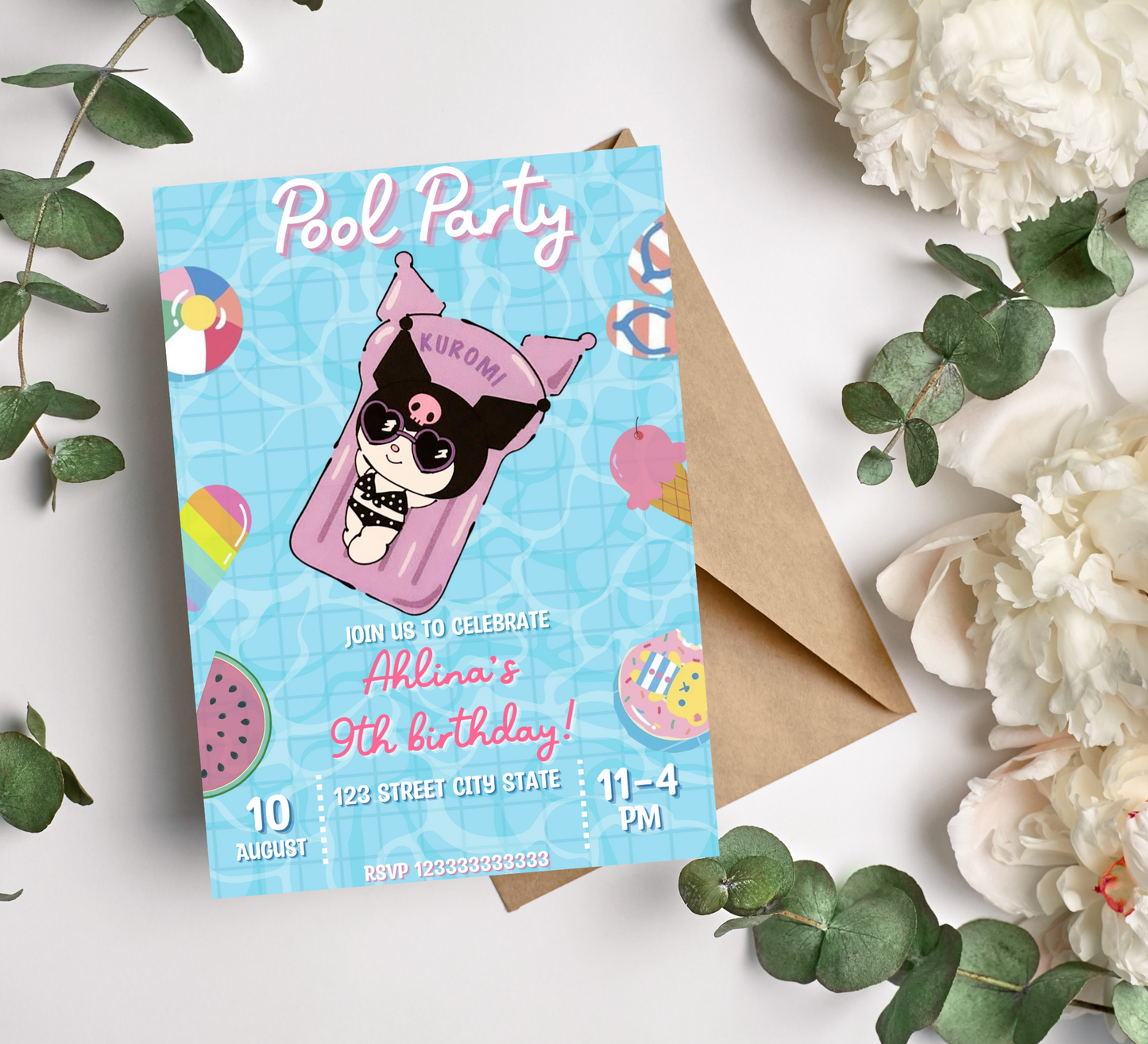 Kuromi Pool Birthday Invitation | Kawaii Sanrio Summer Party Invite | Editable Canva Template | Pink & Purple Pool Party Printable