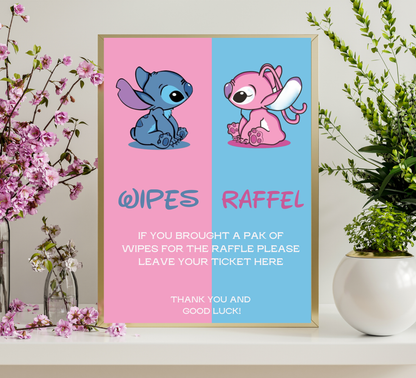 Stitch Gender Reveal Blue & Pink Wipper Raffle Sign + Tickets 💙💗 | Baby Shower Game | Editable Template