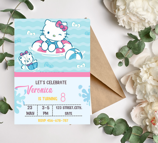 Hello Kitty Blue Pool Birthday Invitation | Kawaii Swim Party Invite | Editable Canva Template | Printable Summer Birthday Invitation