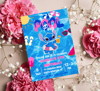 Stitch Pool Blue Birthday Invitation | Tropical Summer Pool Party | Editable Digital Invite