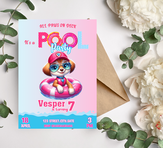 Skye PAW Patrol Pool Birthday Invitation | Girl's Puppy Pool Party | Editable Canva Template | Skye & Everest Summer Swim Invite | Pink Pup Splash Birthday