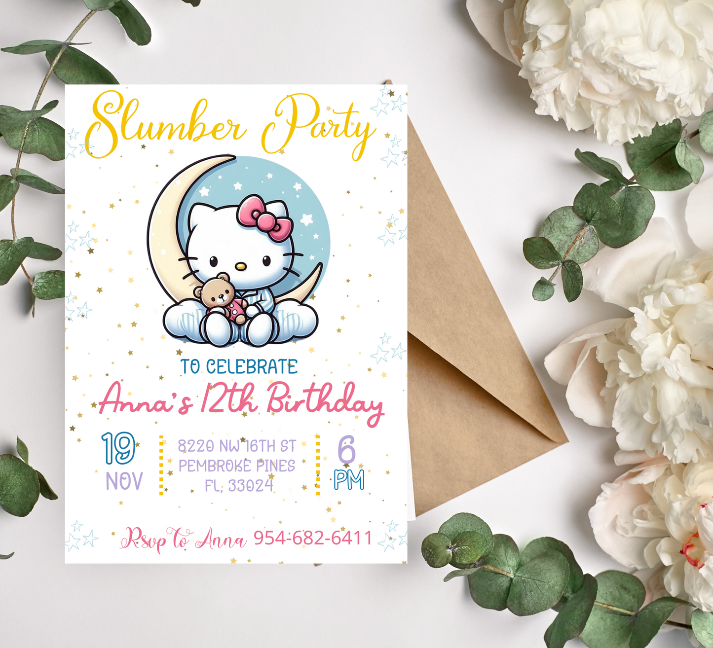 Hello Kitty Moon Sleepover Birthday Invitation 🌙🎀 | Kawaii Slumber Party | Editable Canva Template