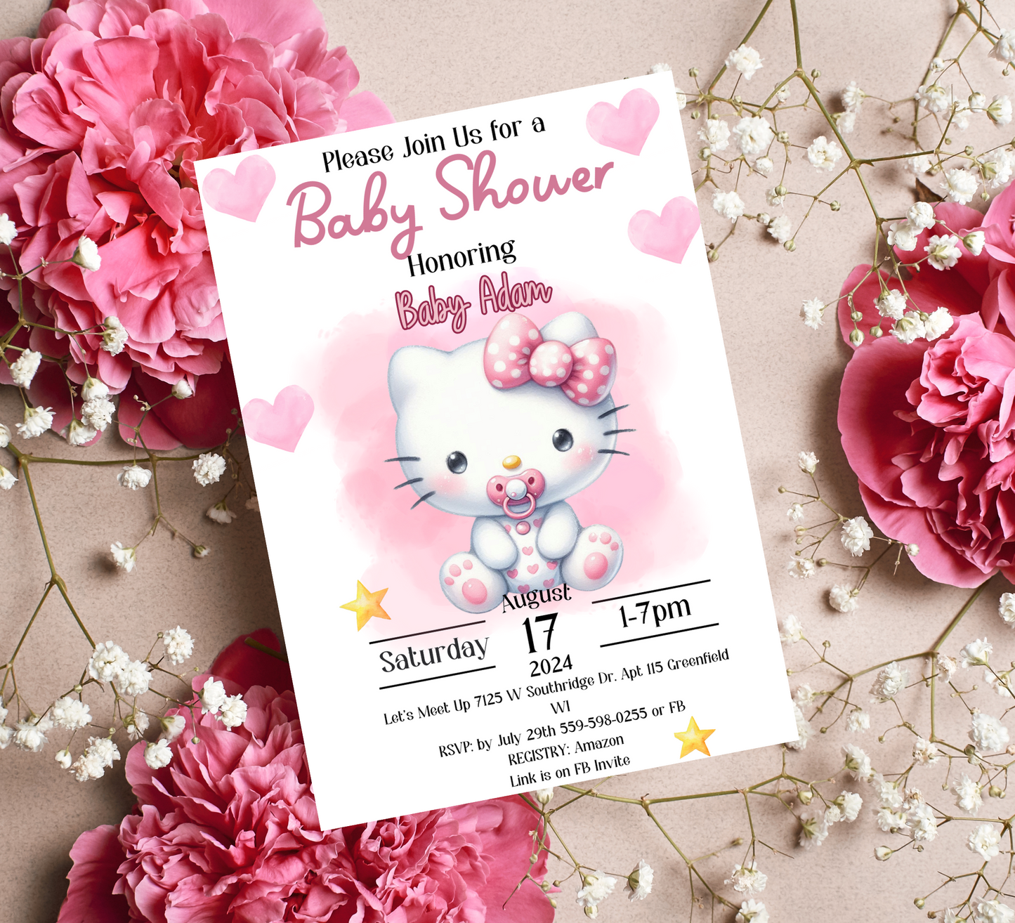 Hello Kitty Pink Baby Shower Invitation | Watercolor Baby Shower Invite | Editable Canva Template | Cute Kawaii Printable Invitation