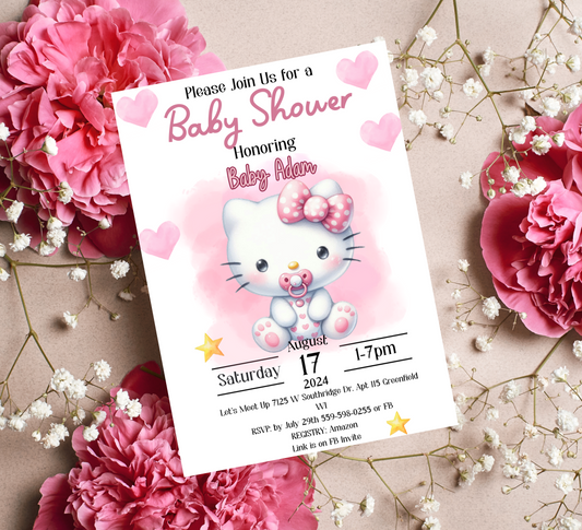Hello Kitty Pink Baby Shower Invitation | Watercolor Baby Shower Invite | Editable Canva Template | Cute Kawaii Printable Invitation