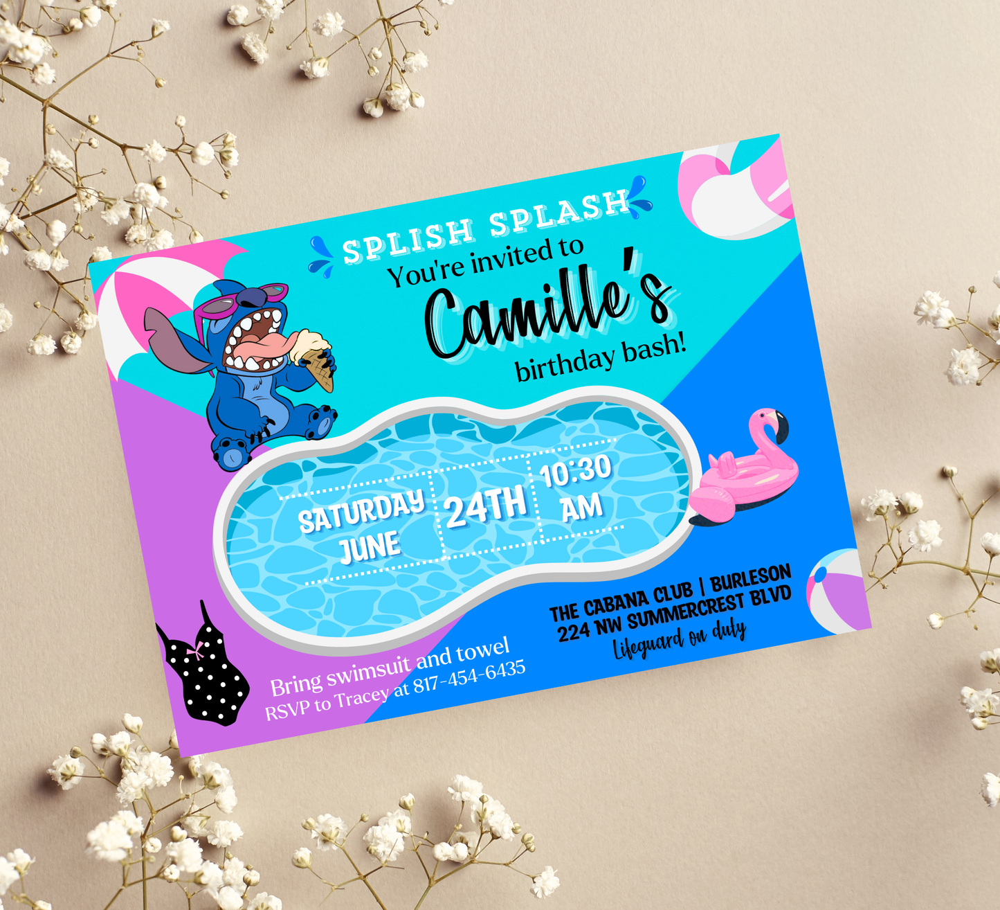 Stitch & Lilo Pool Blue and Purple Birthday Invitation | Tropical Swim Party | Editable Canva Template
