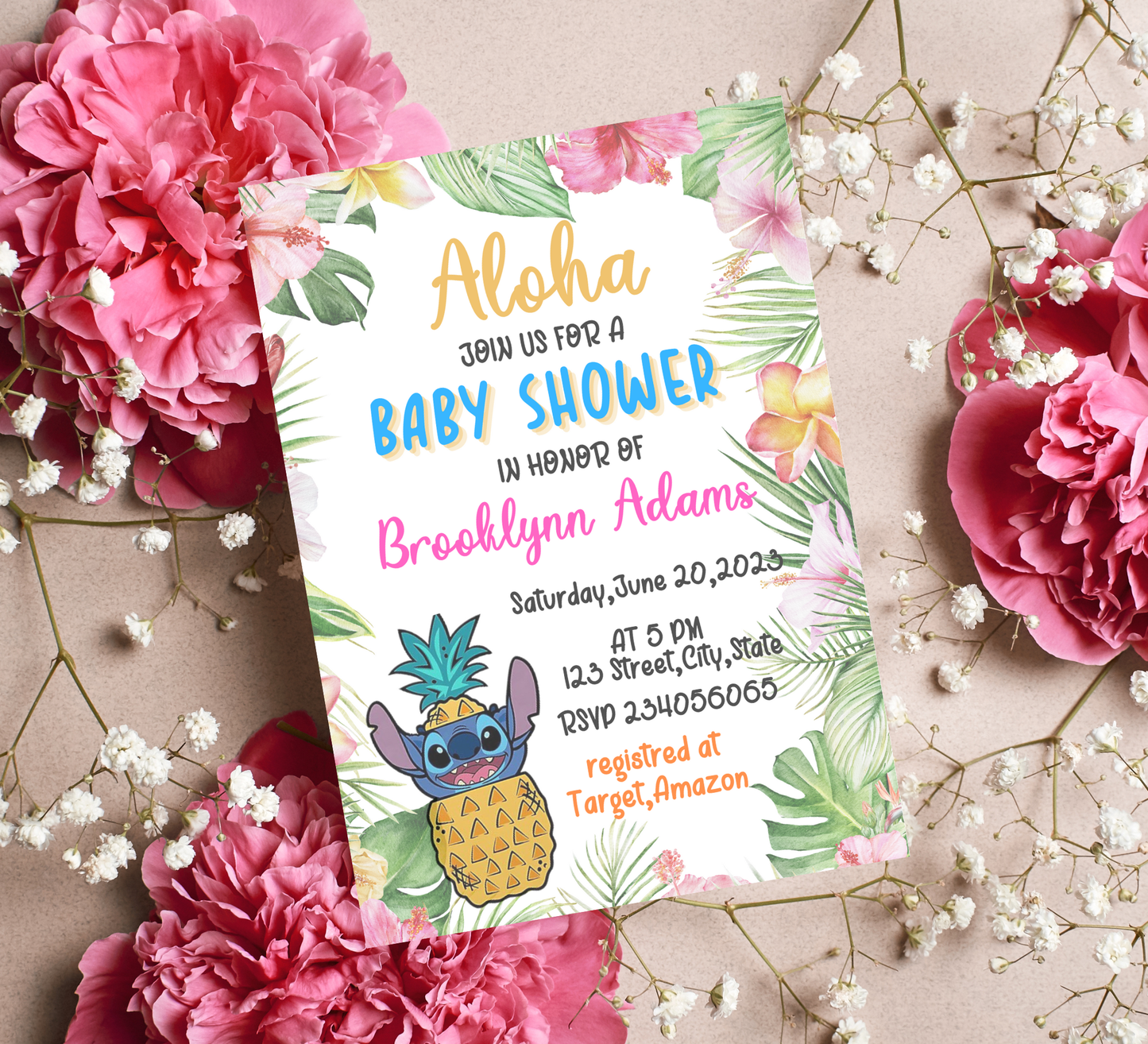 Stitch Aloha Baby Shower Invitation | Tropical Hawaii Luau Theme | Editable Canva Template