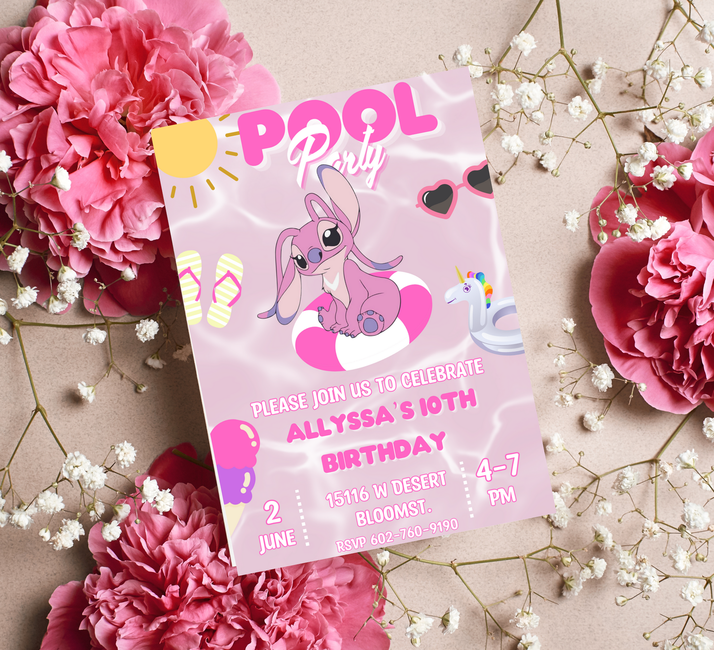Stitch Angel Pink Pool Birthday Invitation | Cute Summer Party | Editable Digital Invite