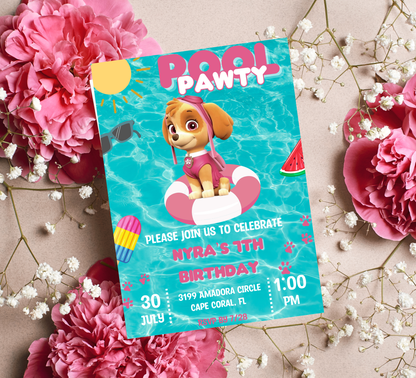 PAW Patrol Skye Pool Birthday Invitation | Pink Summer Splash Party | Editable Digital Template