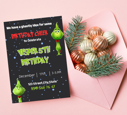 Grinch Christmas Winter Birthday Invitation | Grinchmas Party Invite | Editable Template