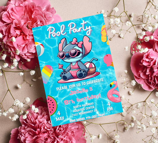 Stitch Pool Birthday Invitation | Tropical Swim Party Invite | Editable Canva Template | Cute Summer Stitch Birthday Invitation