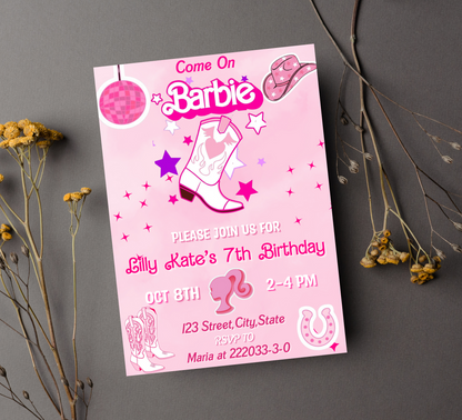 Barbie Cowboy Pink Birthday Invitation | Editable Canva Template | Kawaii Western Party Invite | Printable Girls Birthday Invitation