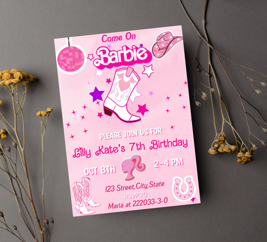 Barbie Cowboy Pink Birthday Invitation | Editable Canva Template | Kawaii Western Party Invite | Printable Girls Birthday Invitation