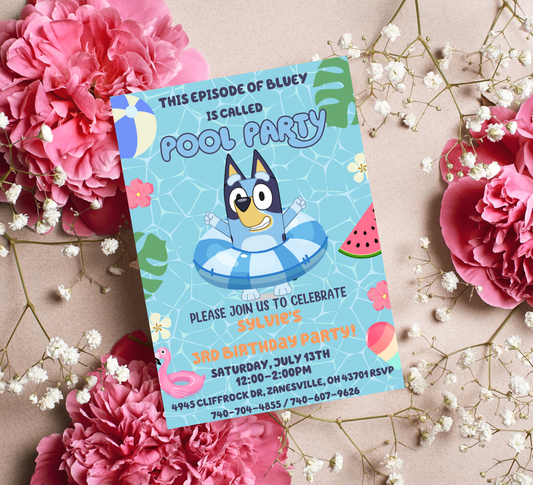 Bluey Pool Birthday Invitation 💦🐶 | Summer Swim Party | Editable Canva Template