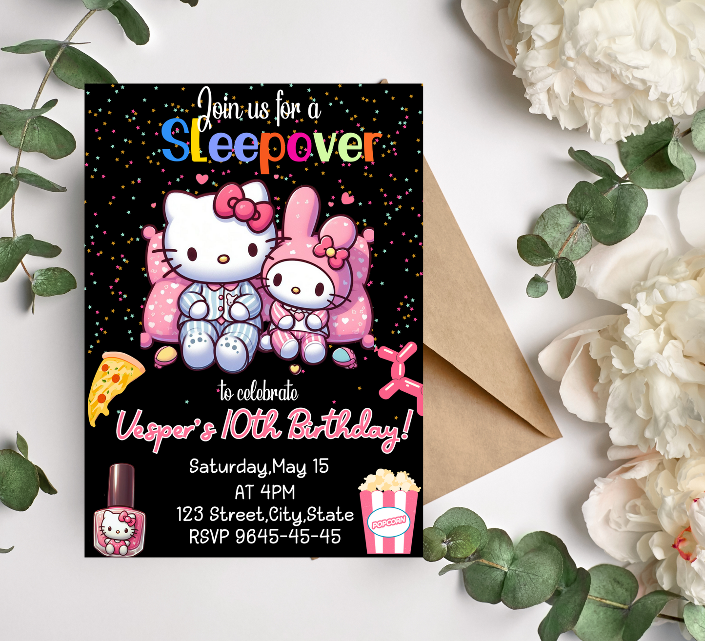 Hello Kitty & My Melody Neon Sleepover Birthday Invitation | Kawaii Slumber Party Invite | Editable Canva Template | Glow Party Birthday Invitation