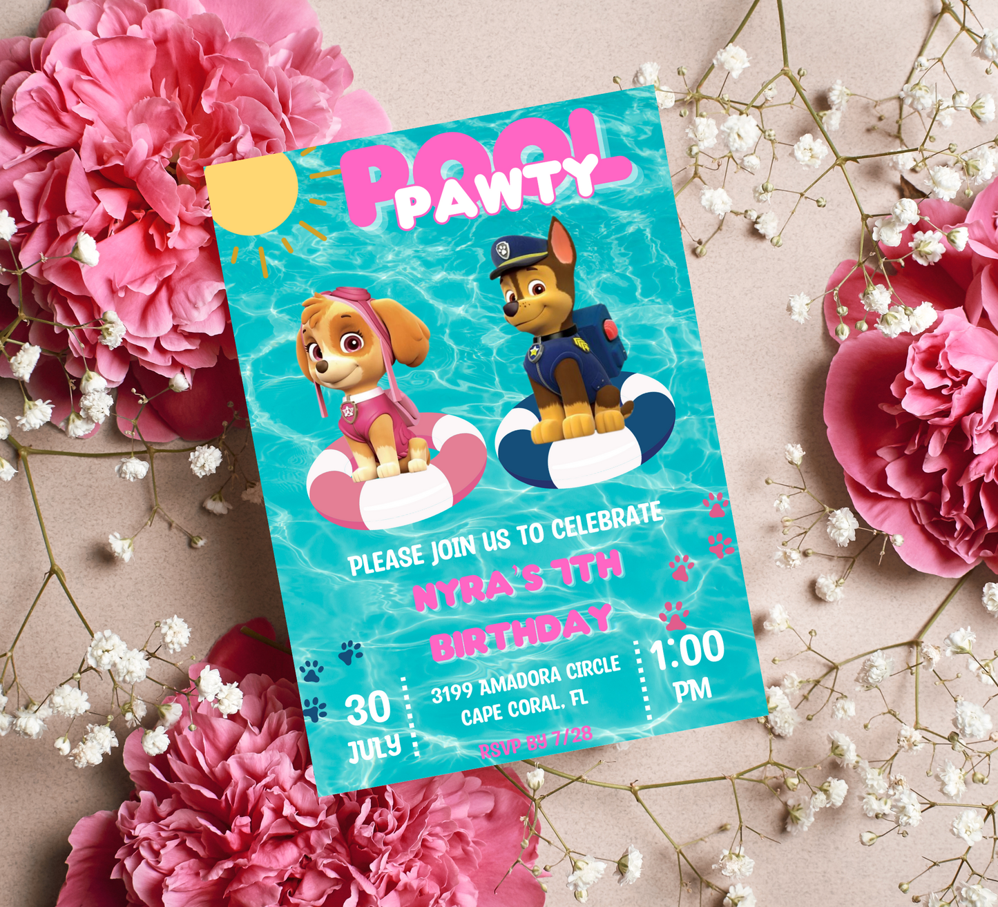 PAW Patrol Marshall & Skye Pool Birthday Invitation | Summer Splash Party | Editable Digital Template