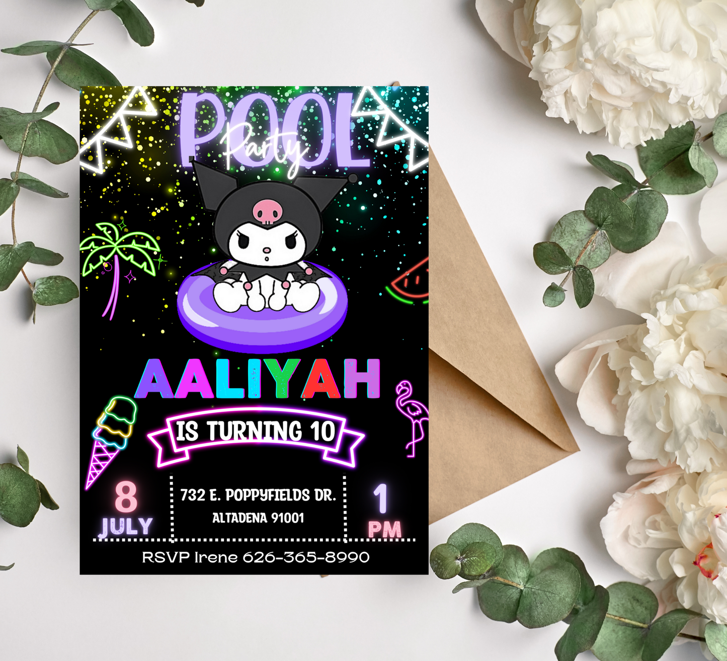 Kuromi Pool Birthday Invitation | Kawaii Summer Swim Party | Editable Canva Template | Purple & Black Sanrio Birthday Invite | Cute Edgy Girls Pool Bash