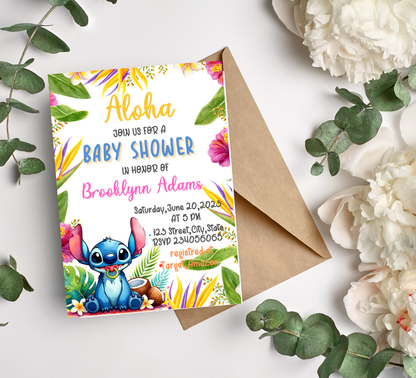 Stitch Aloha Tropical Baby Shower Invitation | Ohana Baby Shower Invite | Editable Canva Template | Tropical Gender Neutral Baby Shower