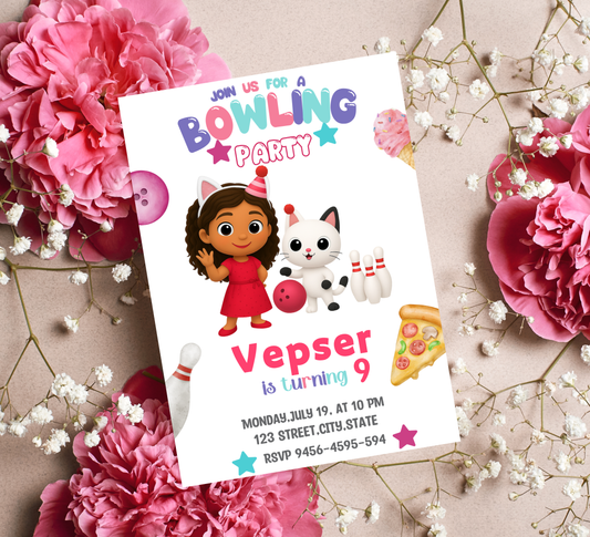 Gabby's Dollhouse Bowling Birthday Invitation – Editable Canva Template – Cat-tastic Bowling Party Invite – Kids Summer or Indoor Activity Birthday – Instant Download
