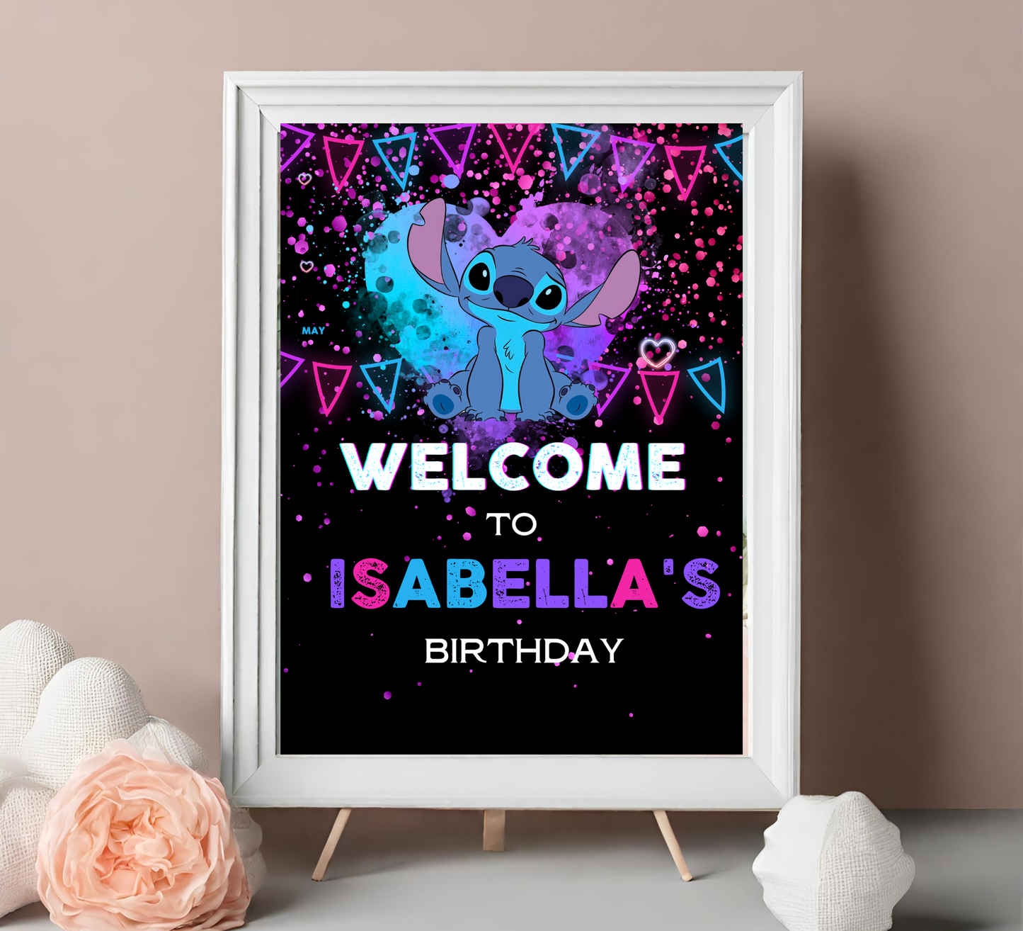 Stitch Neon Birthday Welcome Sign | Glow Party Decor | Editable Canva Template