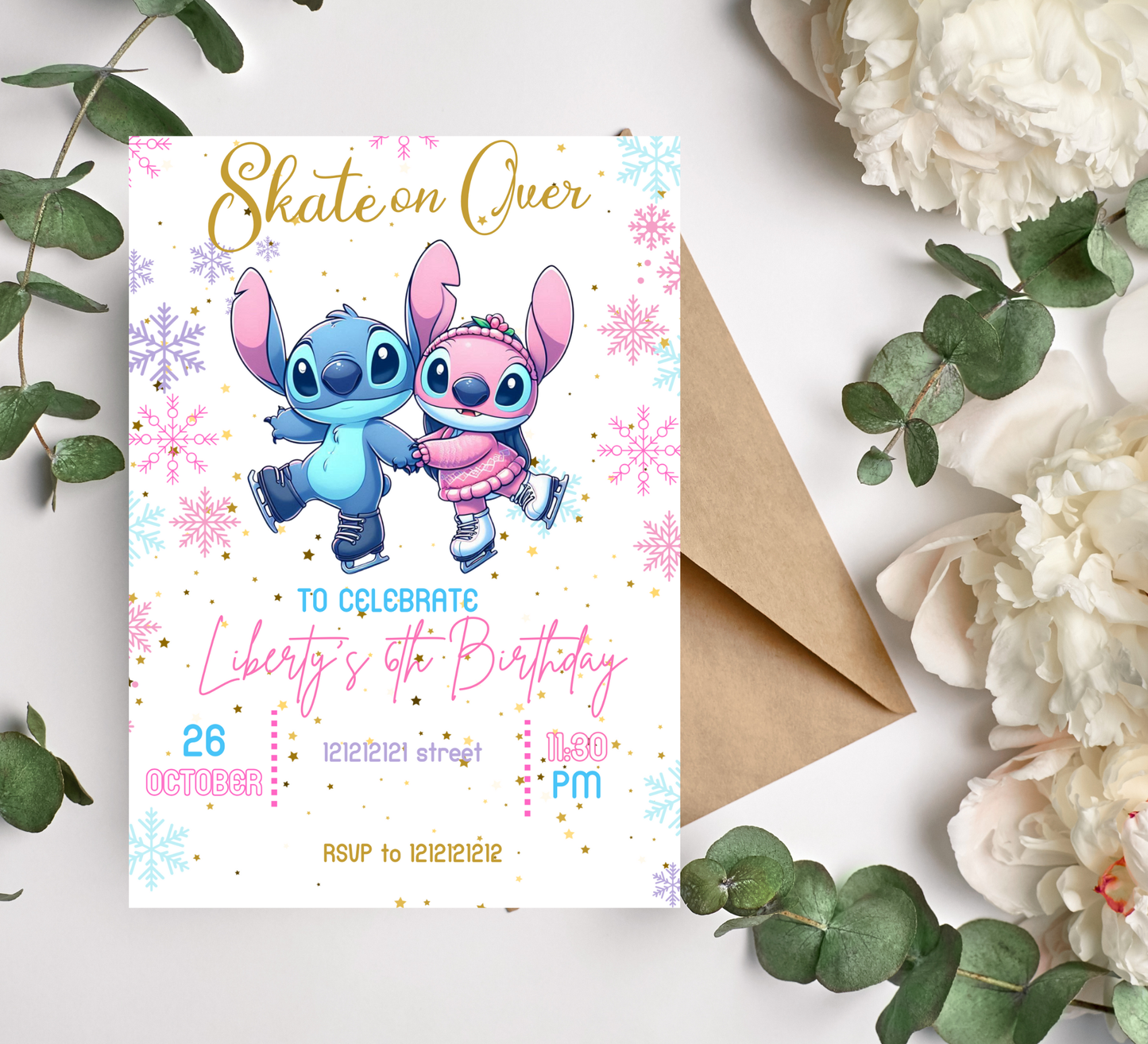 Stitch & Angel Ice Skating Winter Birthday Invitation | Snowy Birthday Party Invite | Editable Canva Template | Cute Winter Celebration Invitation