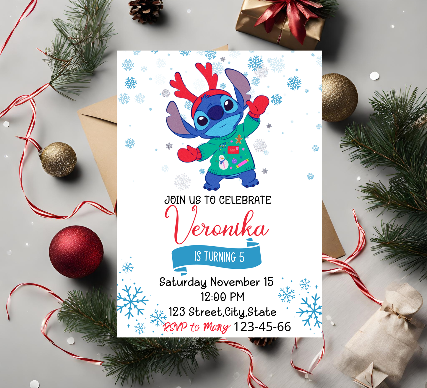 Stitch Christmas Birthday Winter Invitation | Holiday Party Invite | Editable Template