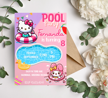Hello Kitty & My Melody Kawaii Pool Party Birthday Invitation | Editable Canva Template | Cute Summer Swim Invite | Printable Girls Birthday Invitation