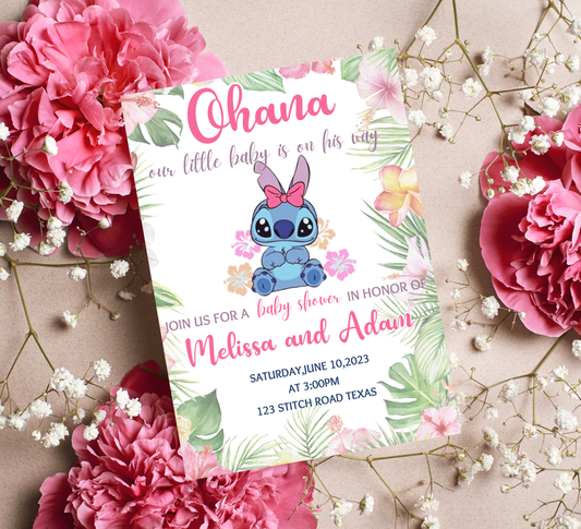 Stitch Pink Aloha Hawaii Baby Shower Invitation | Tropical Girl Baby Shower | Editable Invite