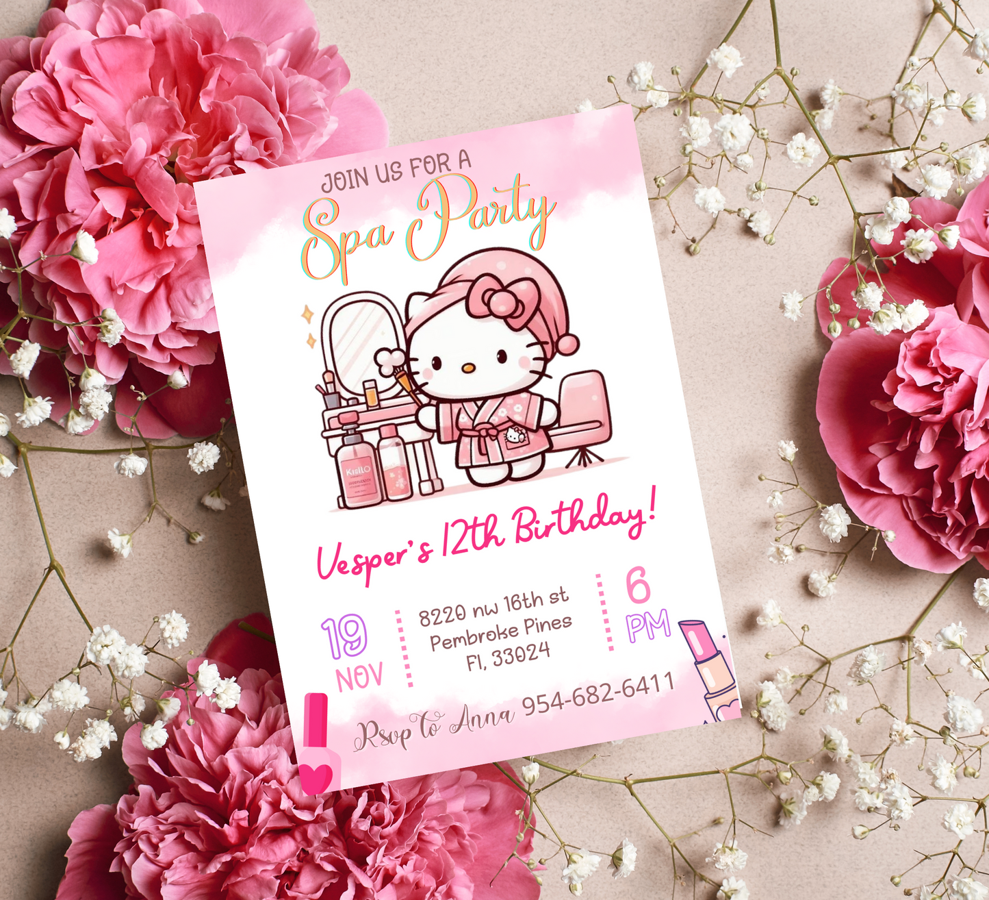 Hello Kitty Spa Sleepover Birthday Invitation | Editable Canva Template | Kawaii Slumber & Spa Party Invite | Printable Kids Birthday