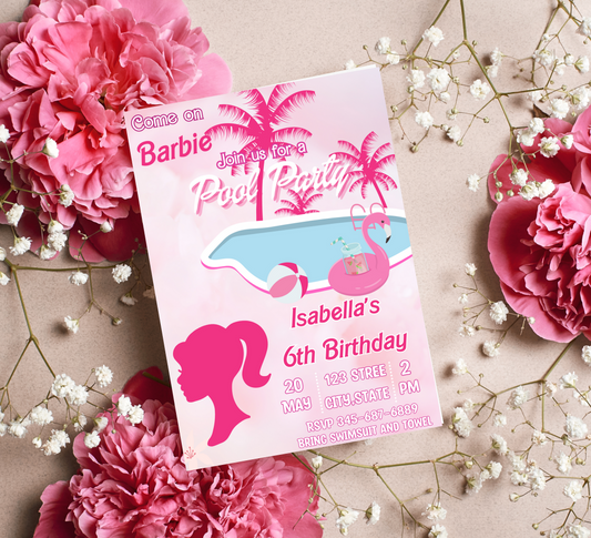 Barbie Pink Pool Birthday Invitation | Girl’s Summer Swim Party | Editable Canva Template | Cute Malibu Poolside Printable