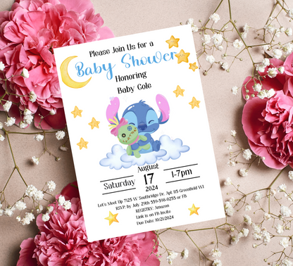 Stitch Baby Shower Invitation | Cute Blue Baby Shower Invite | Editable Canva Template | Printable Baby Shower Card